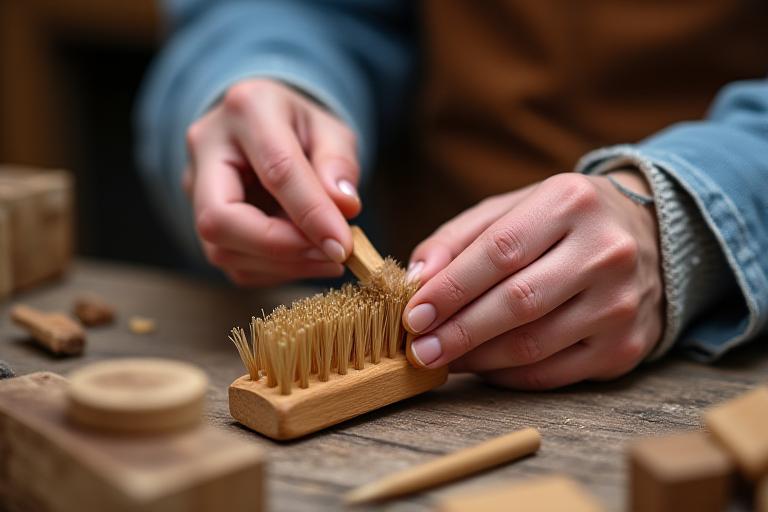 Close-up of an artisan's hands carefully crafting a wooden pet brush.