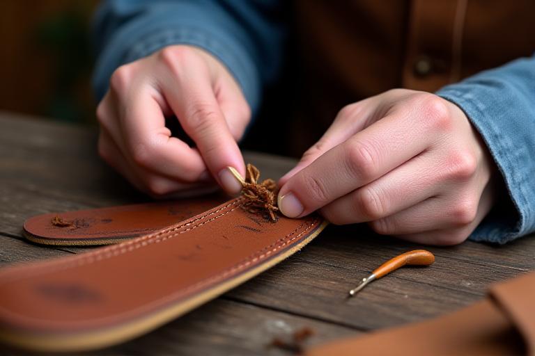 An artisan meticulously stitching a leather pet leash by hand.