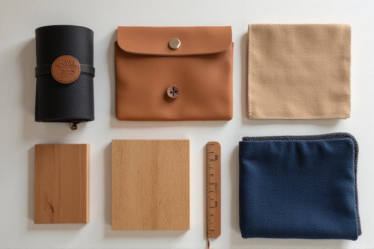 A flat lay of natural materials: wood, leather, and traditional Japanese fabrics.