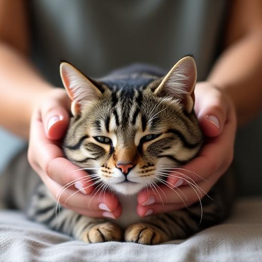 A calm cat receiving a gentle massage during a wellness consultation.